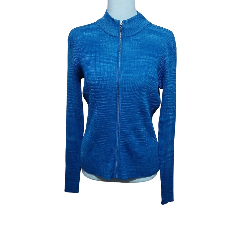 EP Pro Womens Blue Silk Blend Full Zip Mock Neck Golf Sweater Space Dye Size M